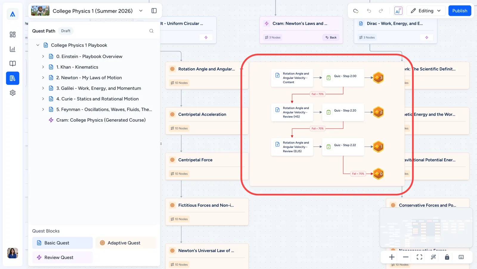 Highlighted logical progression of an Adaptive Quest as seen from the Playbook editor