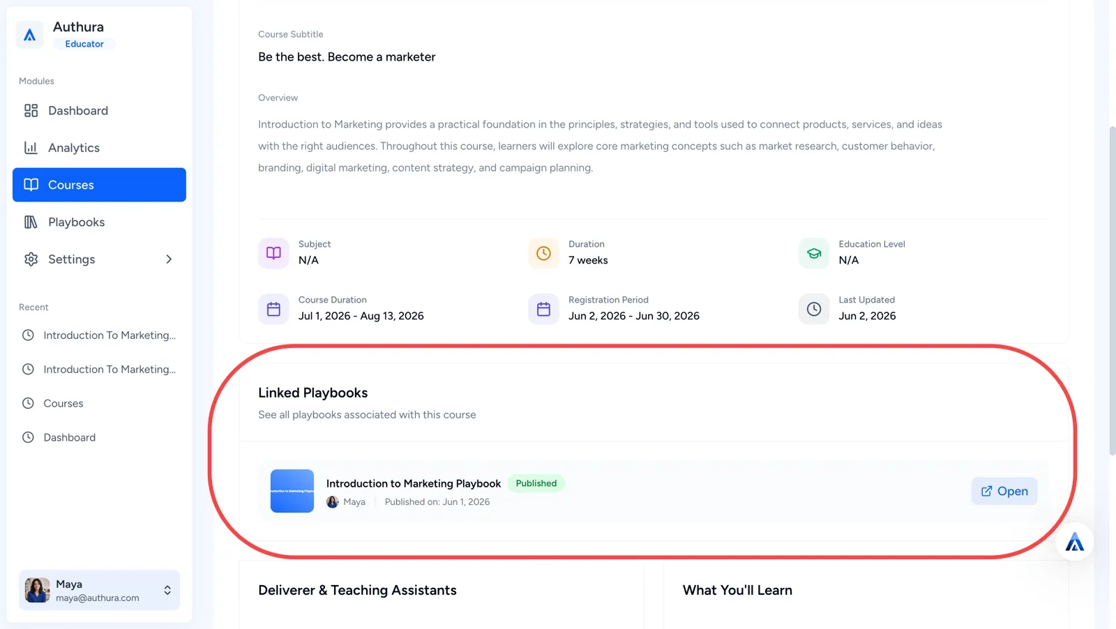 Authura Course with highlighted linked Playbook