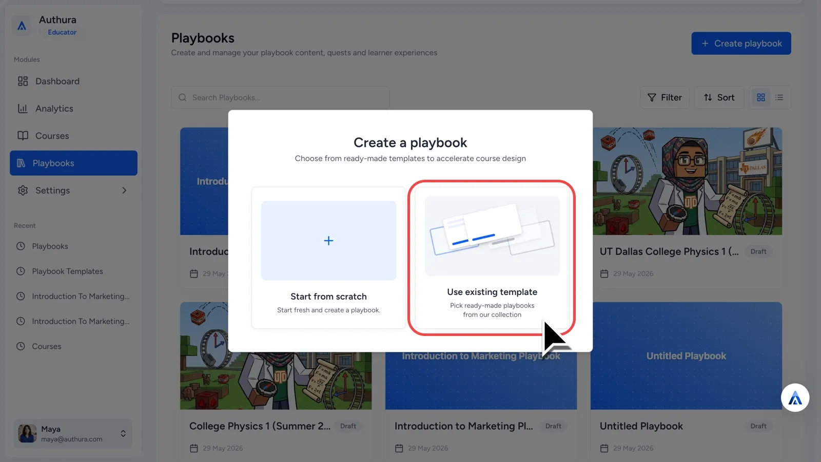 Cursor pointing to highlighted option to use an existing Playbook template