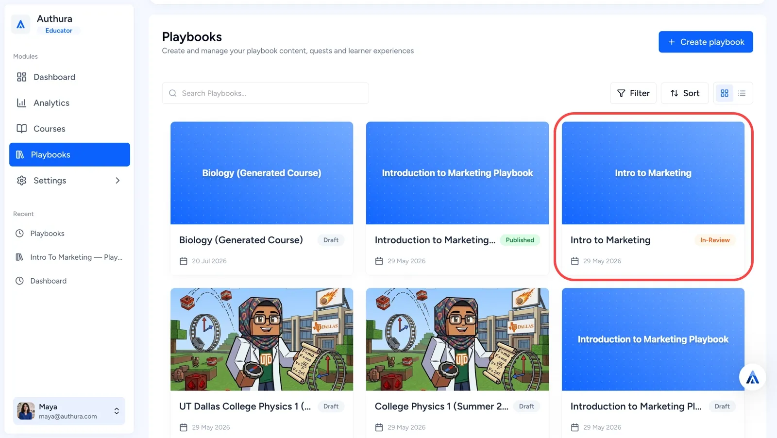 Highlighted Playbook currently in-review on the Authura Playbook dashboard