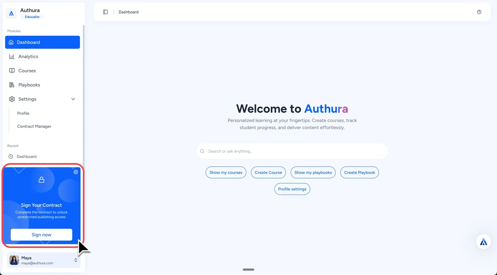 Authura homepage with Sign Your Contract section highlighted