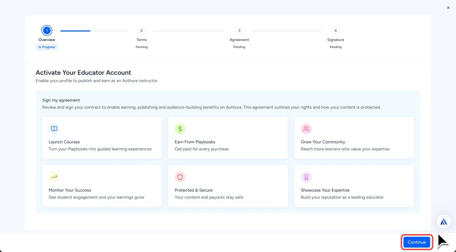 Contract overview stage showing educator profile benefits