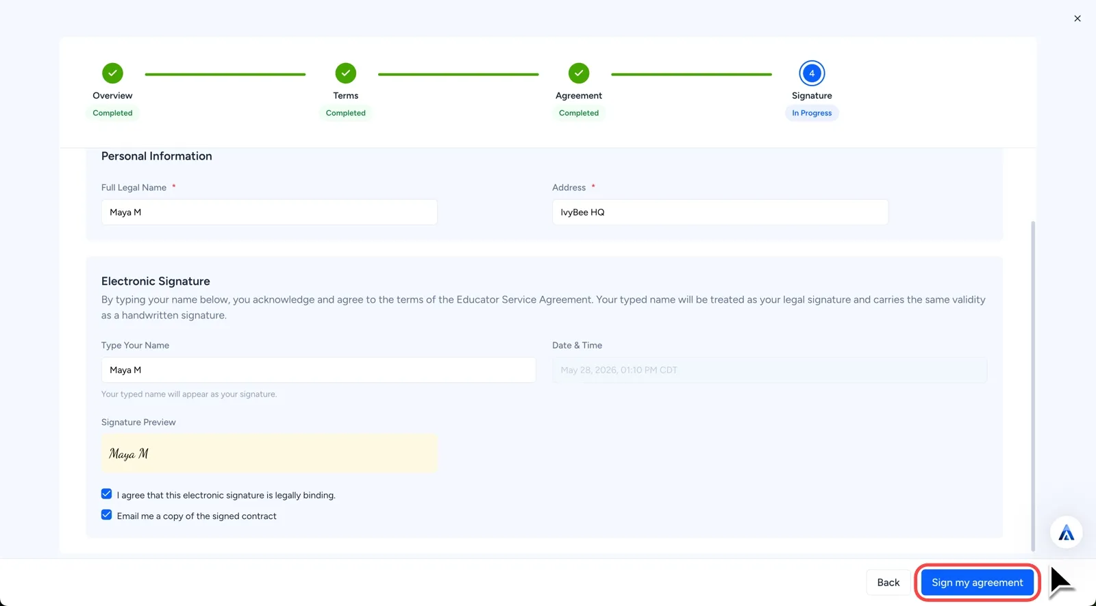 Signature stage with electronic signature fields and Sign my agreement button