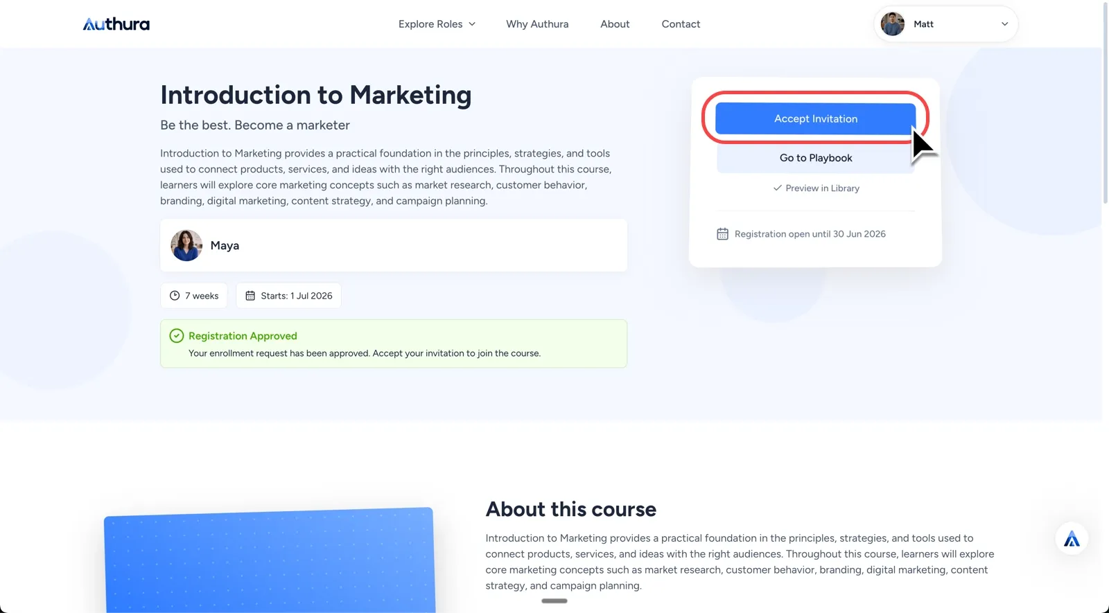 Course Overview screen showing registration approved status and Accept Invitation button