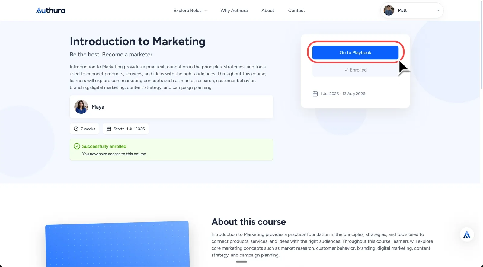 Course Overview screen showing successfully enrolled status and Go to Playbook button
