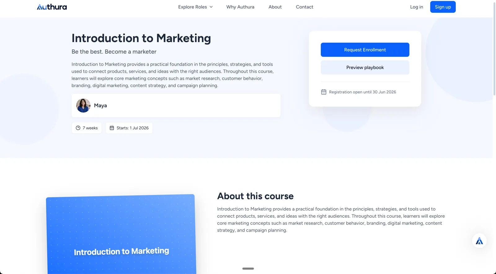 Authura Course details page with an option to enroll