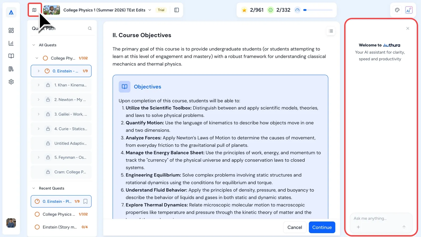 Authura Quest view with highlighted AI assistant panel and Back to Map button