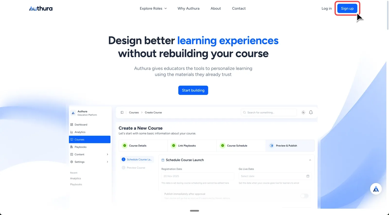 Sign up button on the Authura homepage