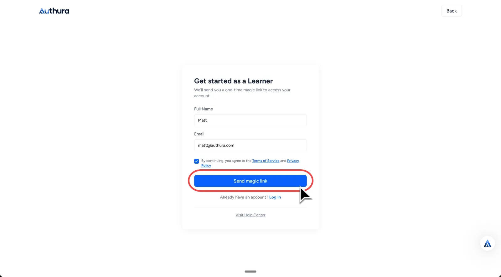 Send magic link button ready to be selected