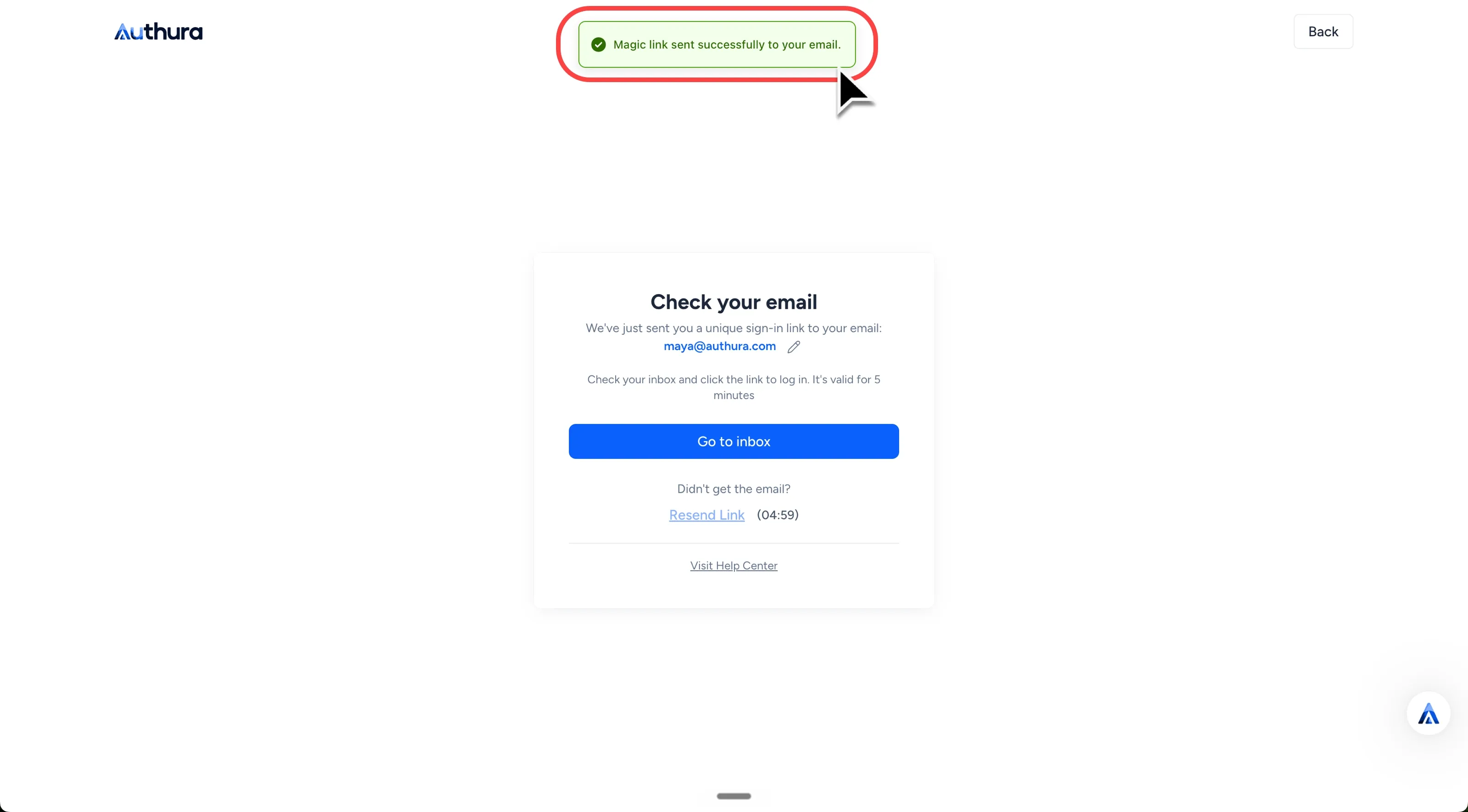 Confirmation that a magic link has been sent to the user's email