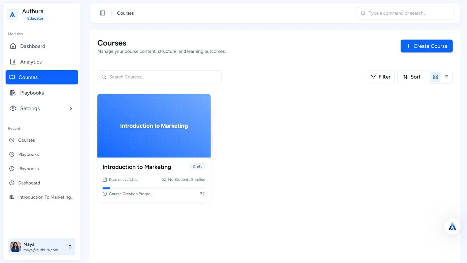 Authura Courses dashboard