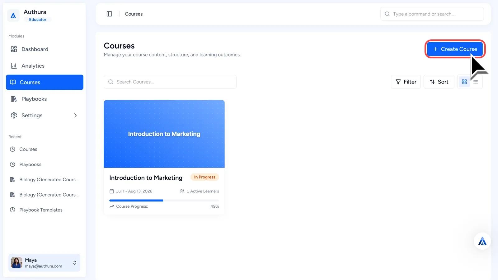 Cursor pointing to highlighted Create Course button