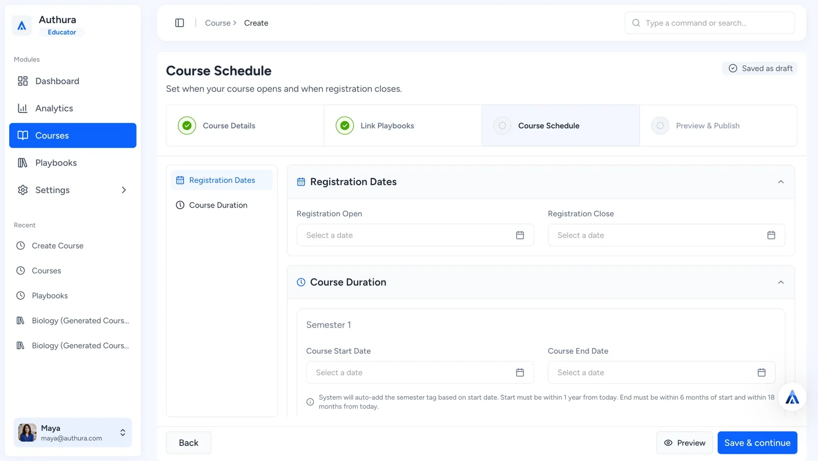 Authura Course Schedule page