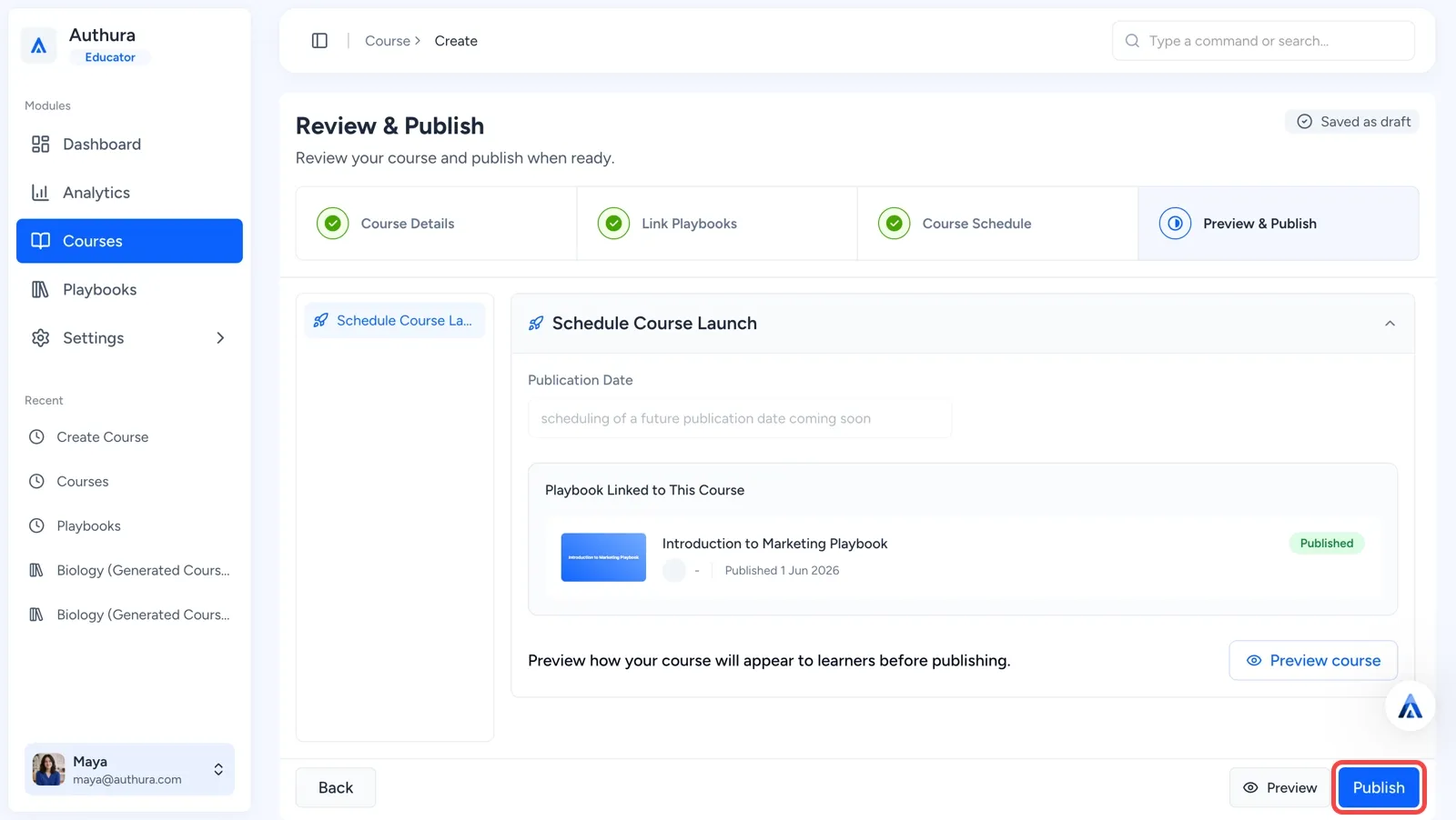 Highlighted Publish button on Review & Publish page