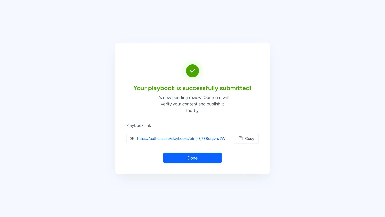 Authura Playbook submission confirmation message