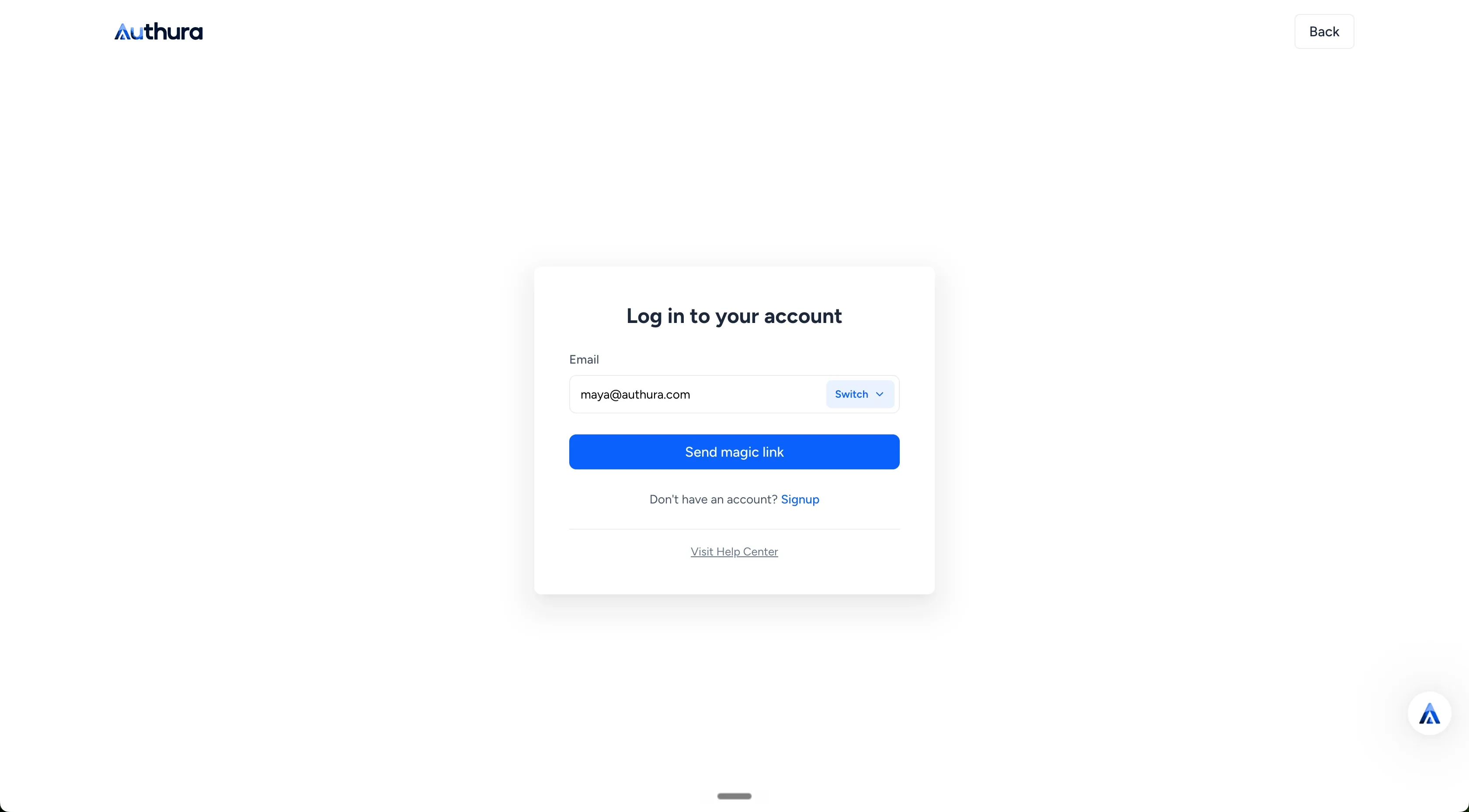 Authura login page with email field and Send Magic Link button highlighted