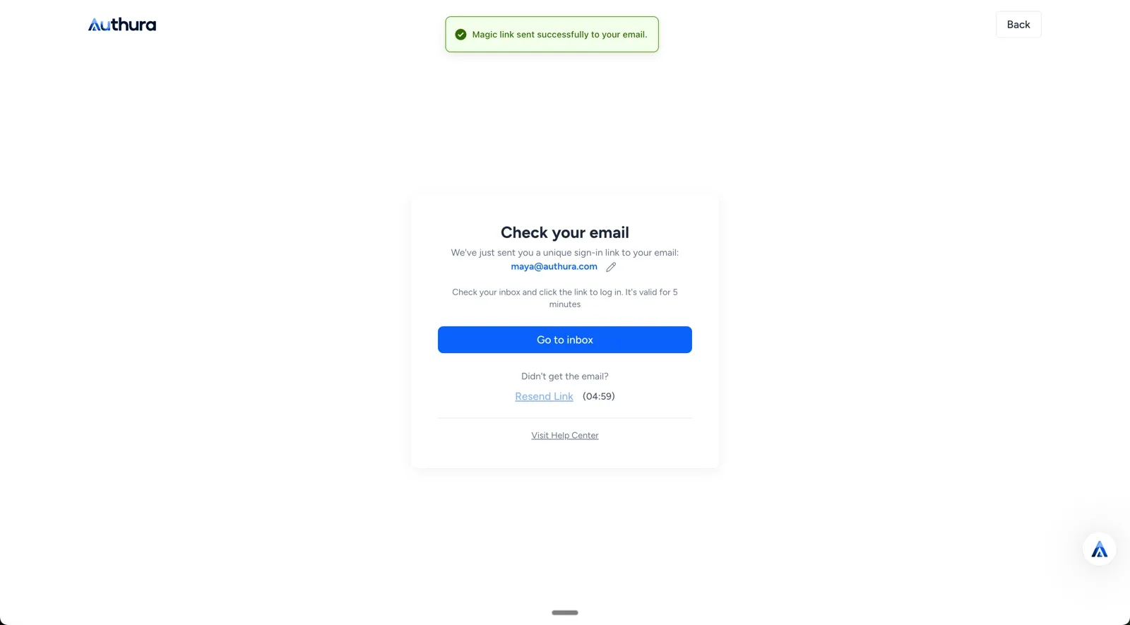 Authura Log In screen showing email-based login and remaining time before the Magic Link expires