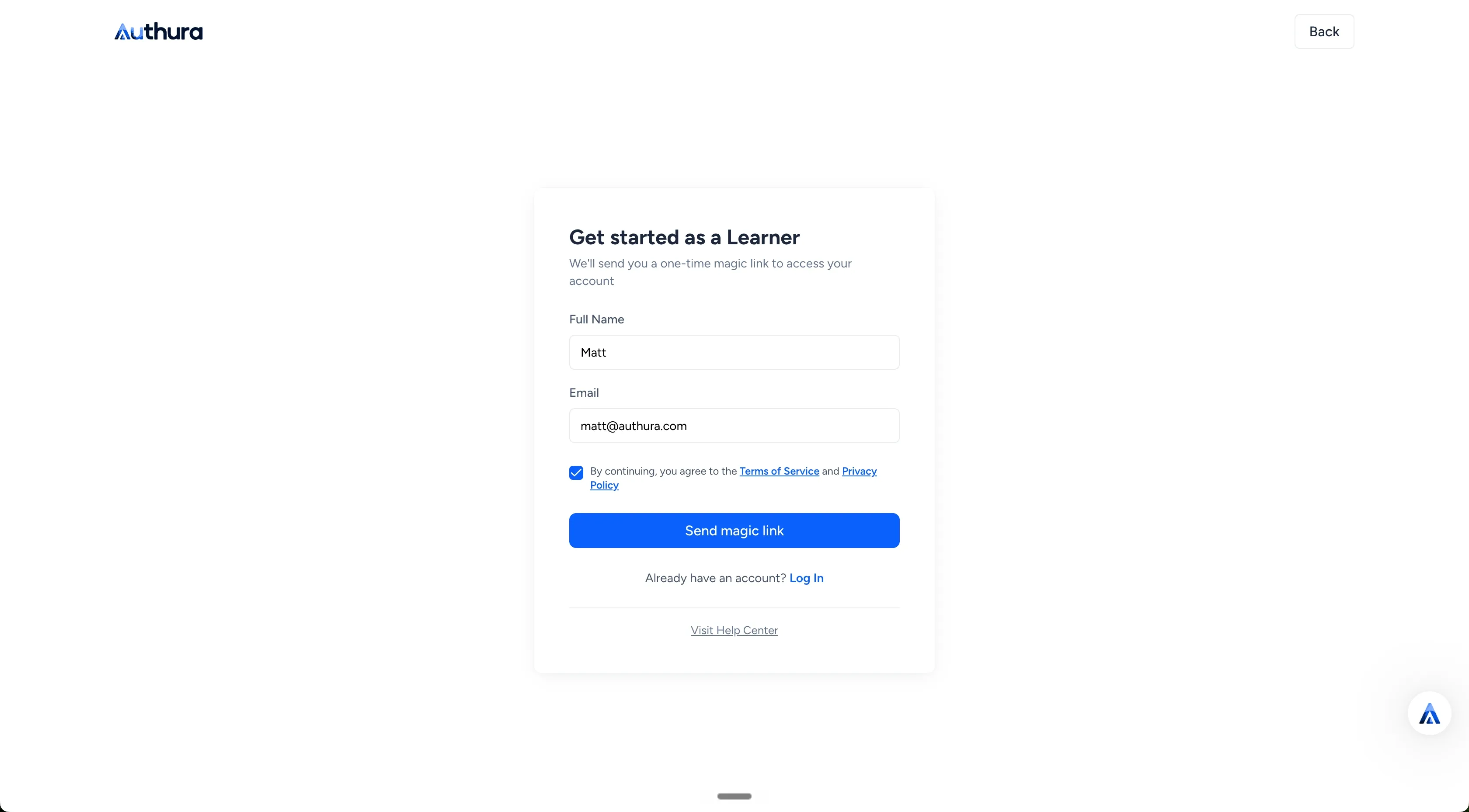 Authura Learner sign-up window with request to send Magic Link