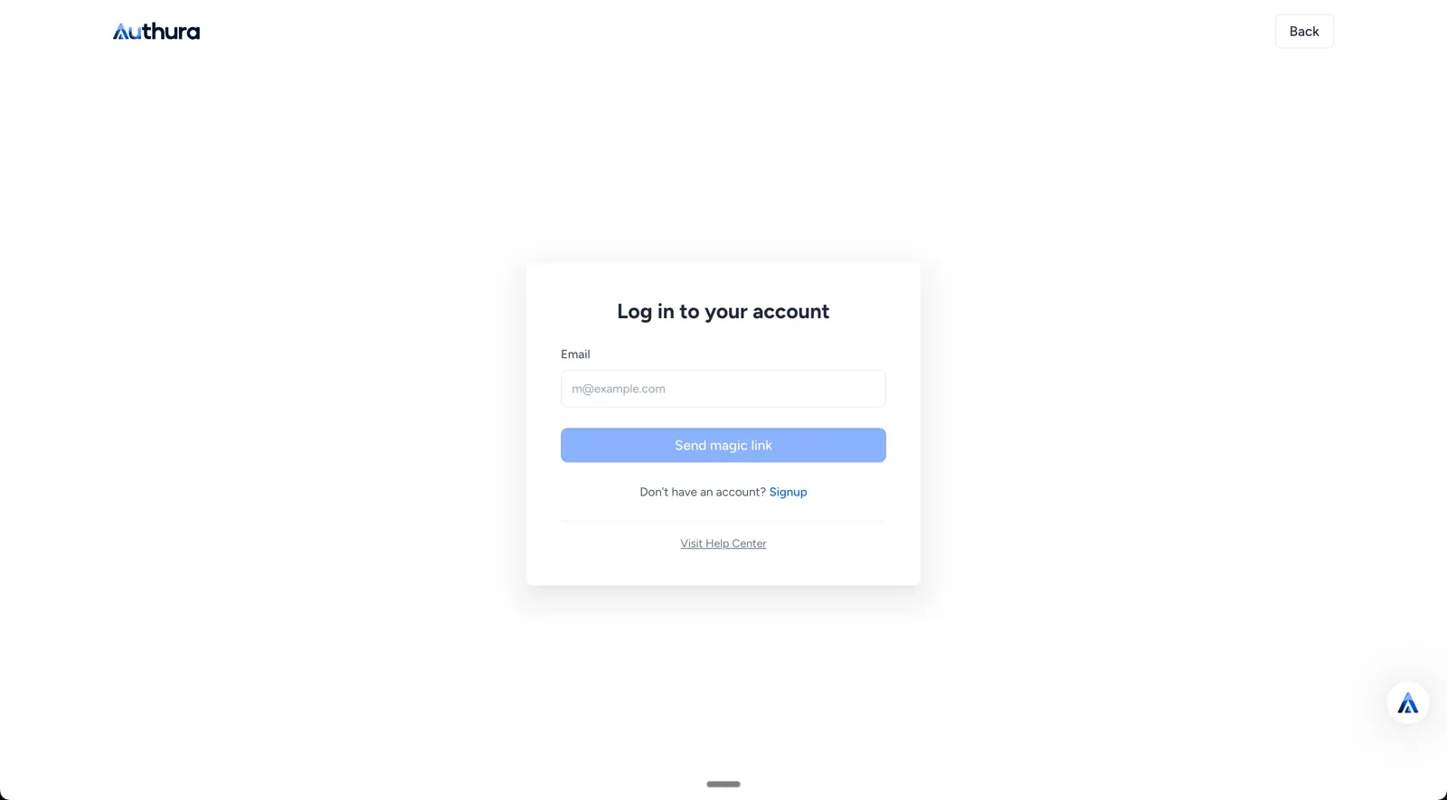 Authura login page with email address and Send magic link button