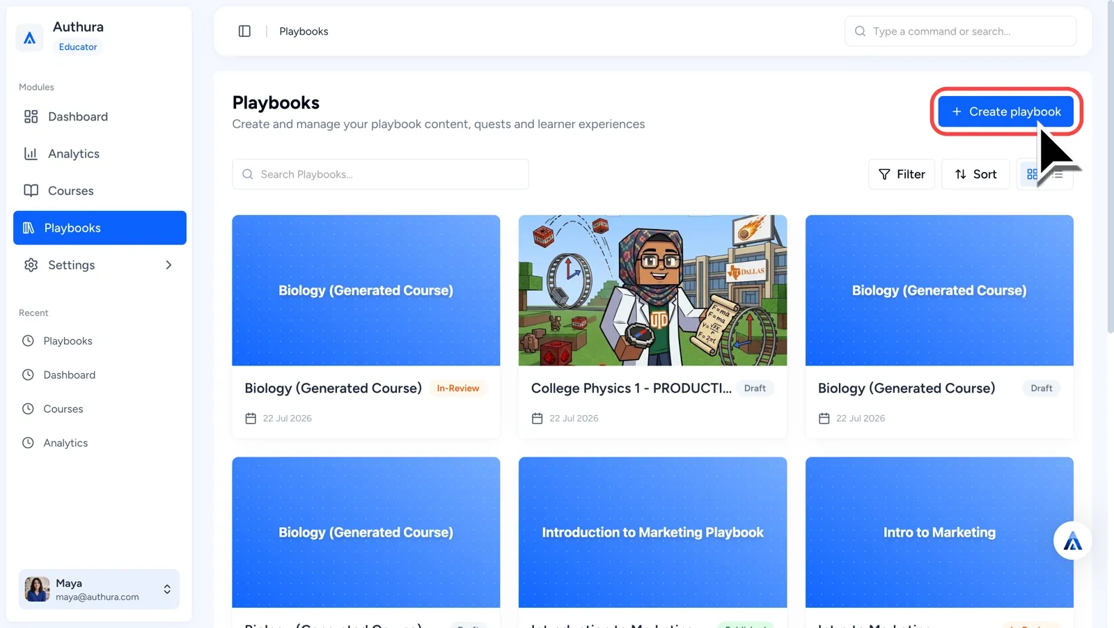 Authura Playbook Dashboard with cursor hovering over highlighted Create Playbook button