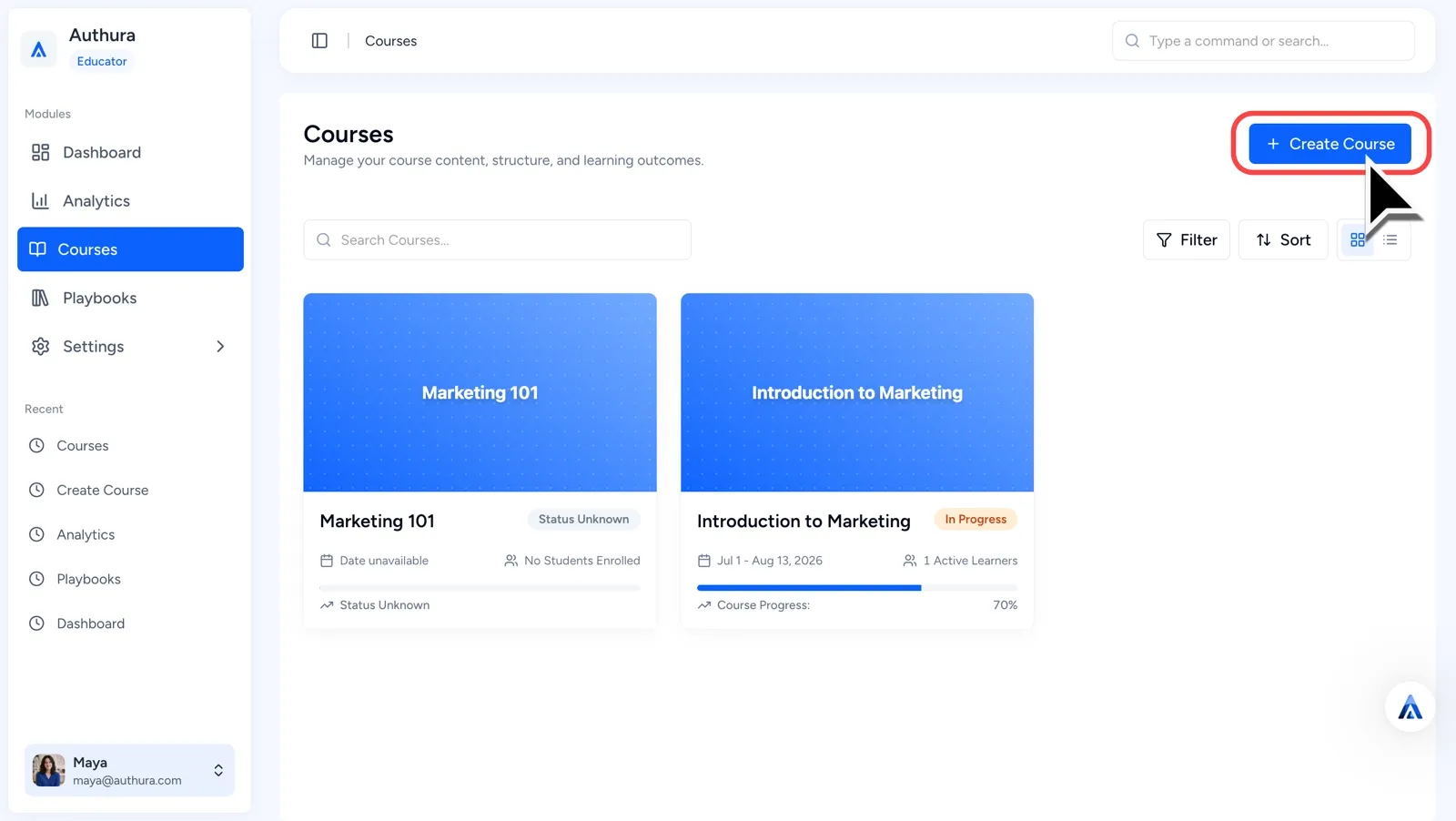 Authura Course Dashboard with cursor hovering over highlighted Create Course button
