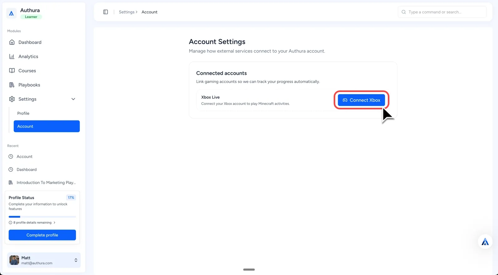 Account page with Connect Xbox button