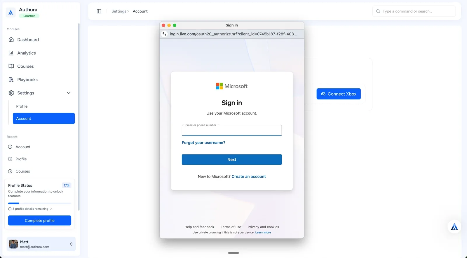 Xbox connection window requesting Microsoft email address