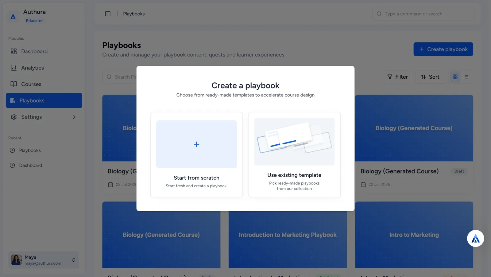 Authura menu for creating a Playbook from scratch or using an existing template