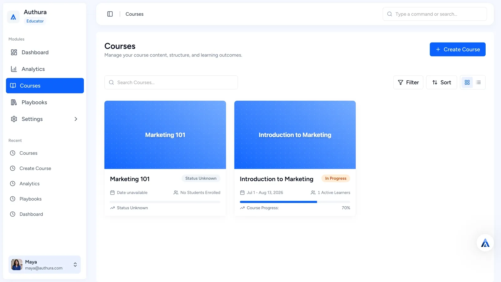 Authura Courses dashboard