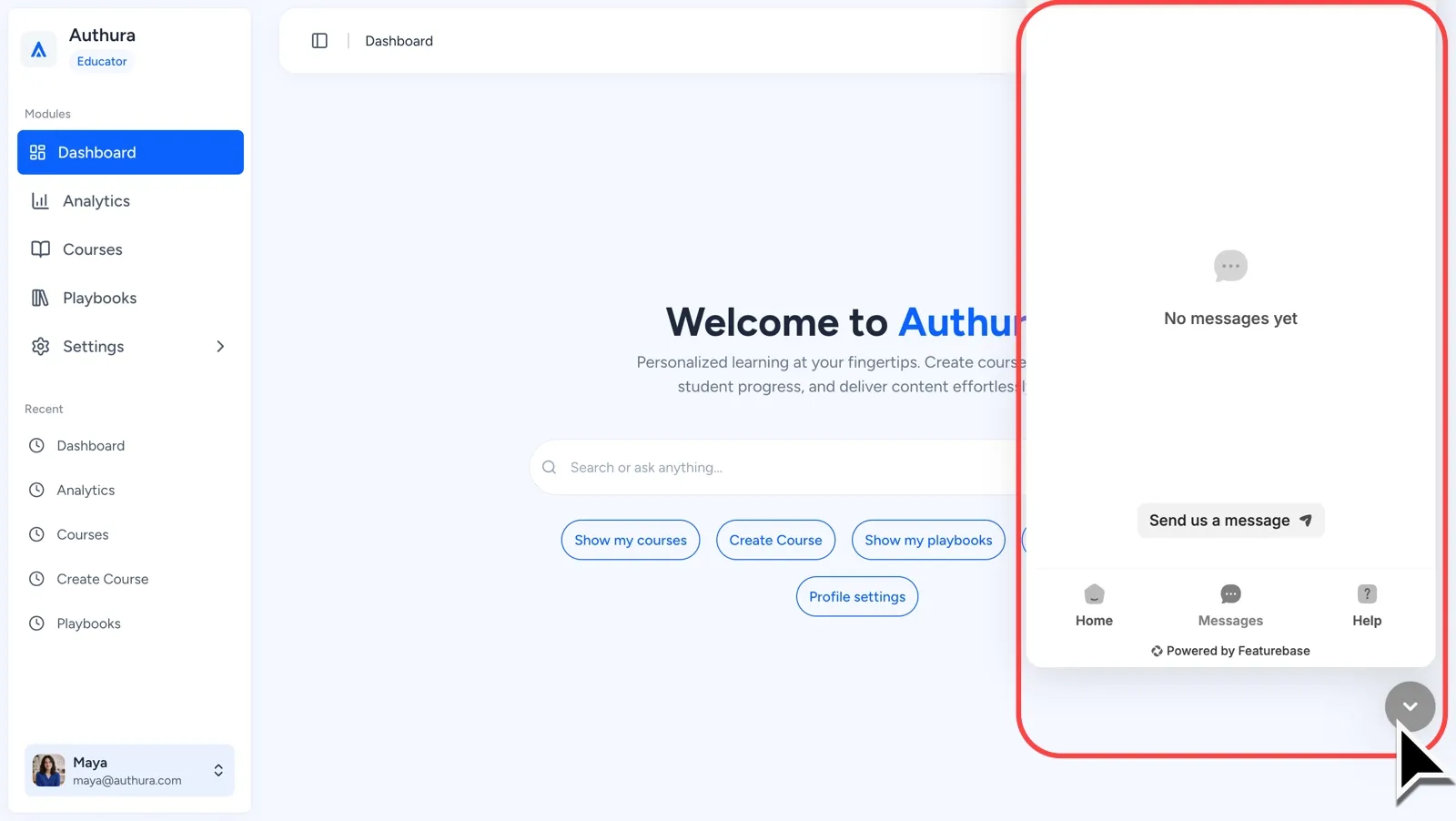 Authura dashboard with highlighted customer support panel