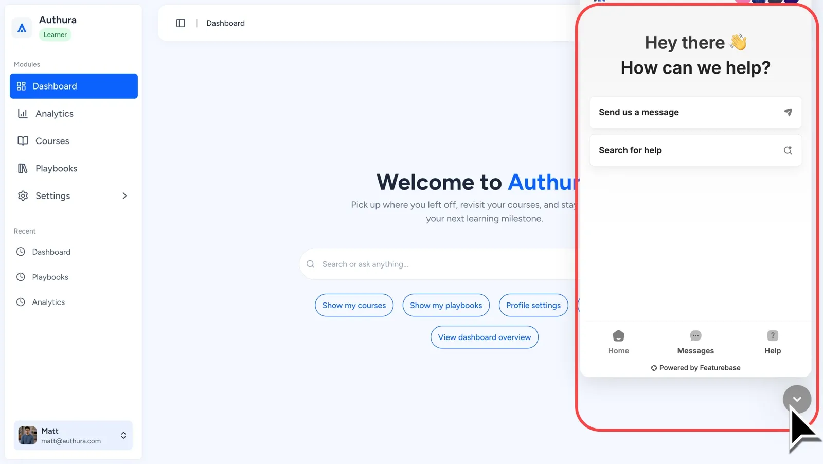 Authura dashboard with highlighted customer support panel