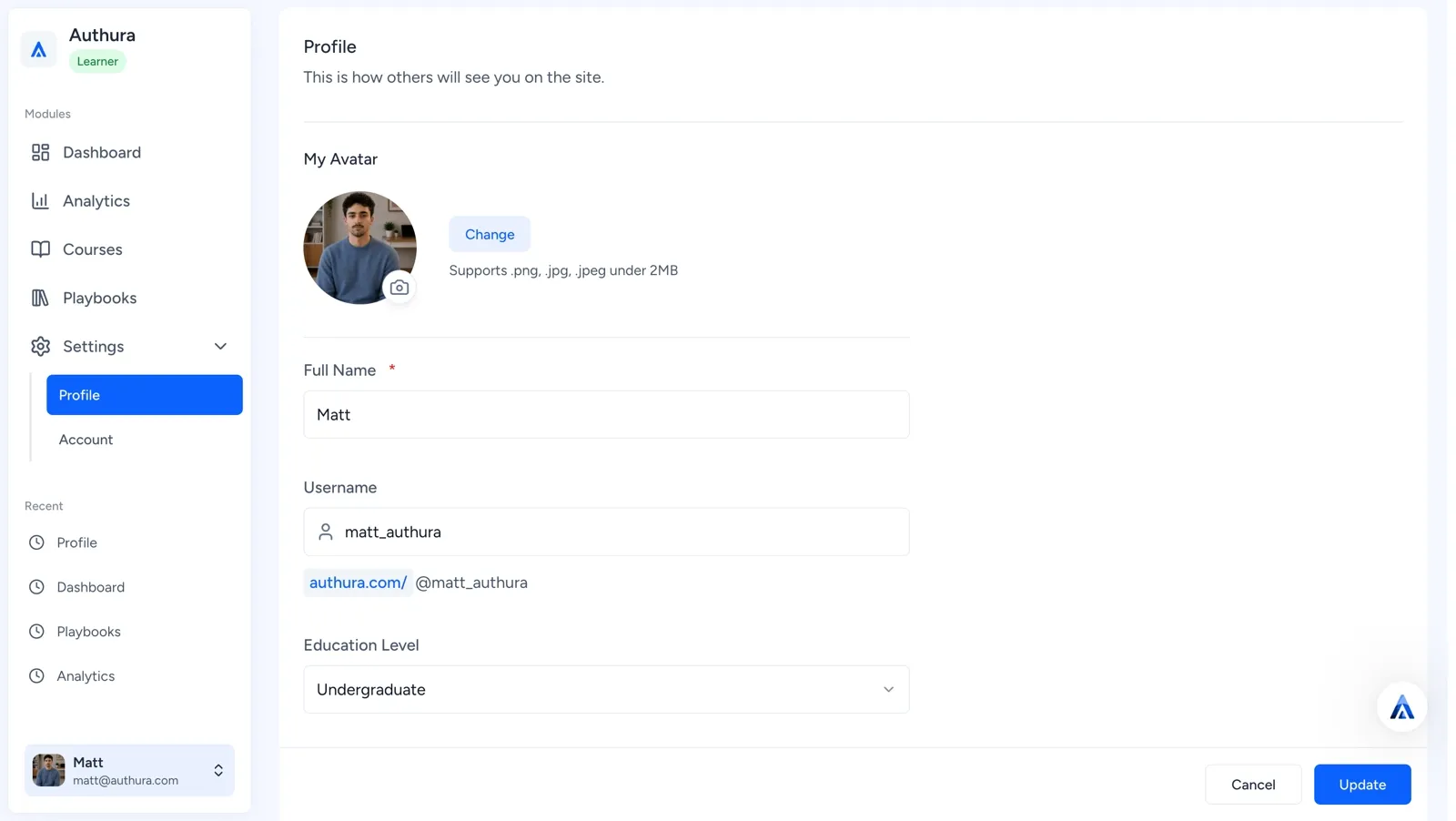 Authura learner profile settings
