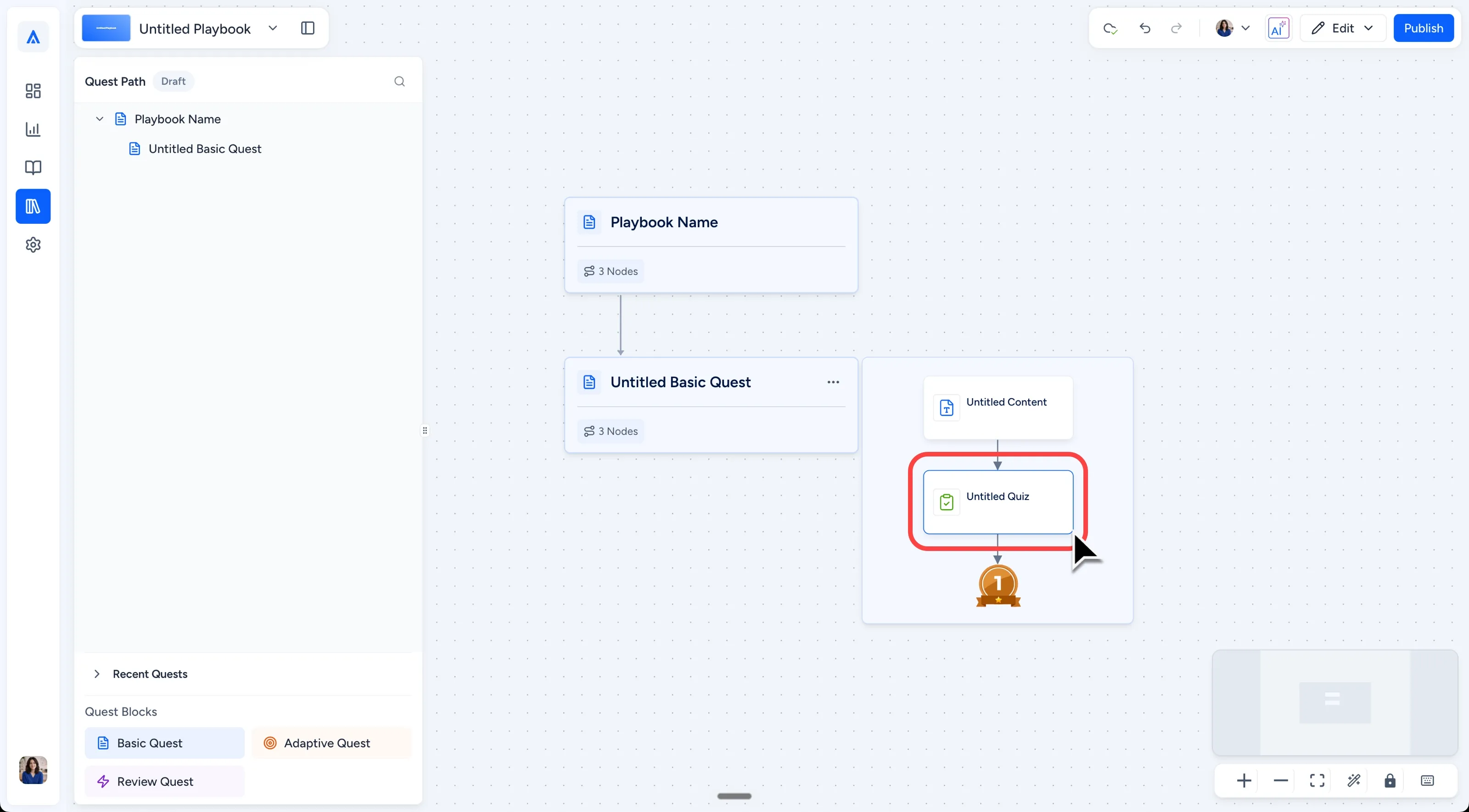 Empty Quiz Editor with Questions zero, Add new question, and Settings controls