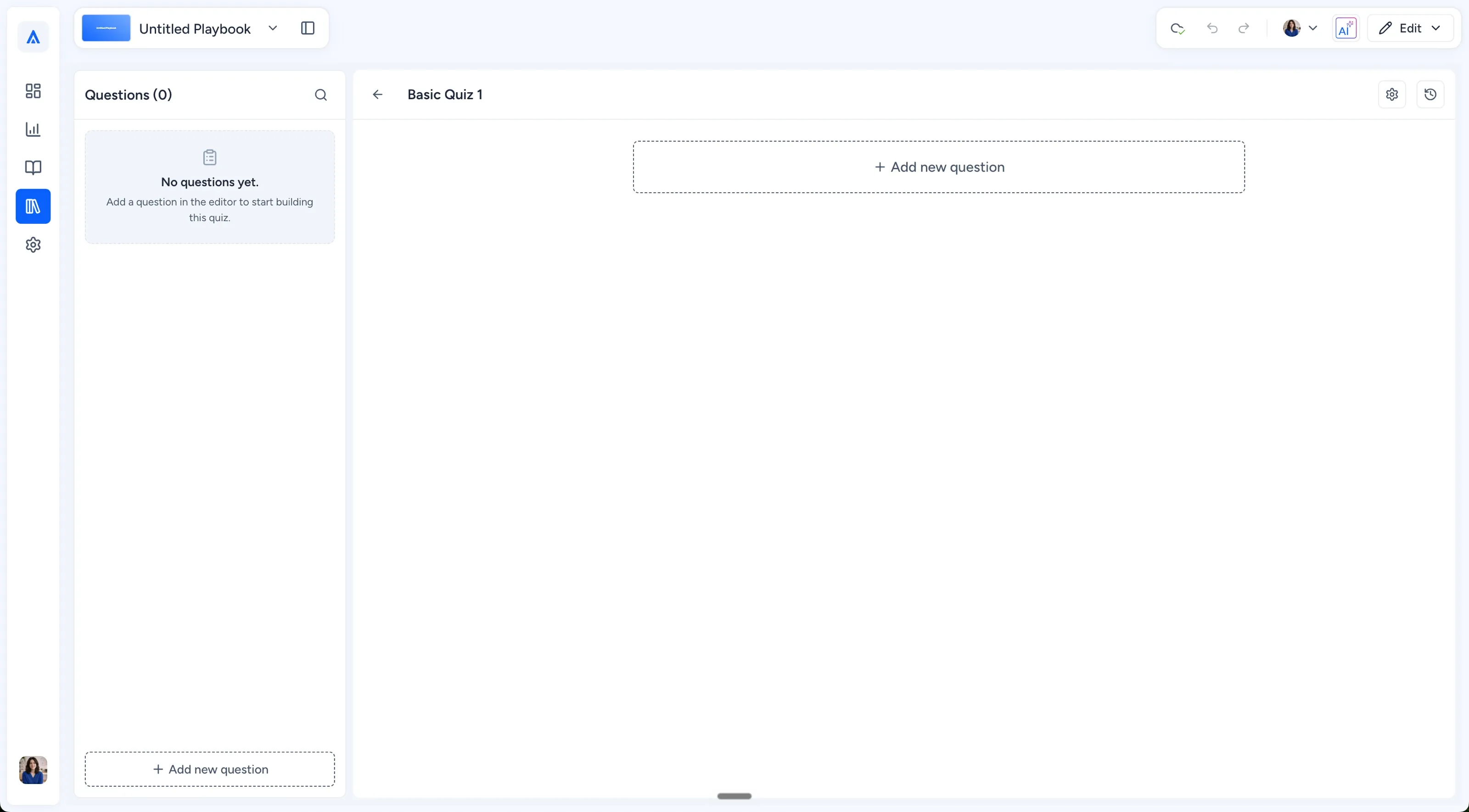 Empty Quiz Editor with Questions zero, Add new question, and Settings controls