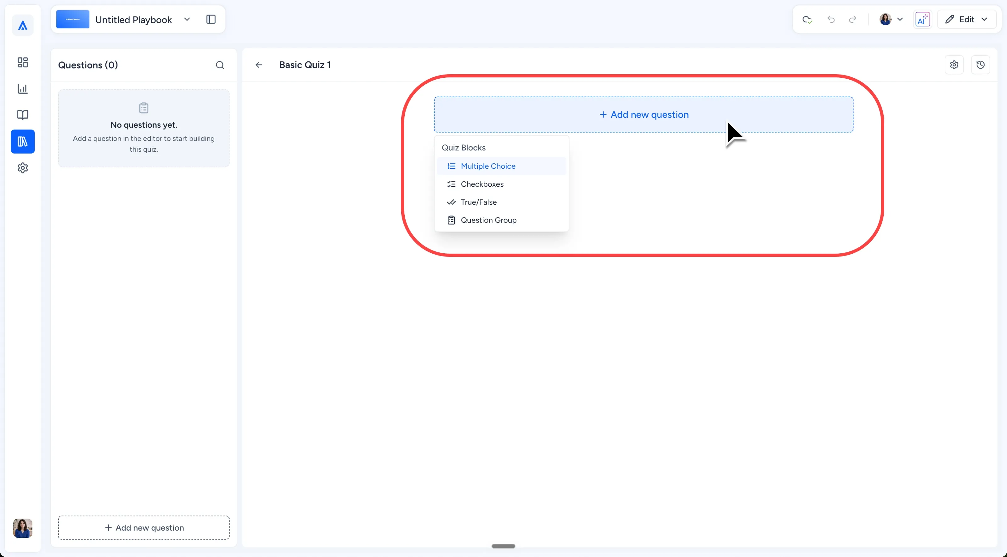 Question type menu with four available question types