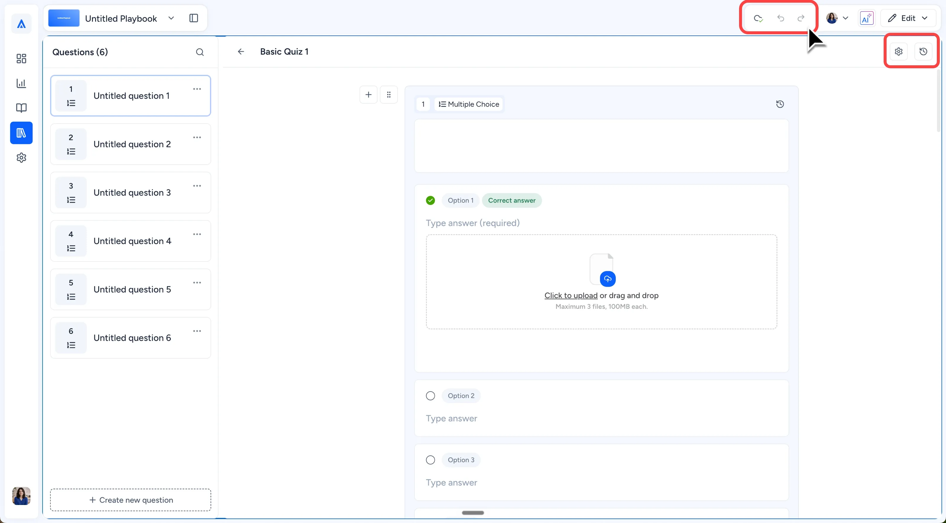 Quiz Editor with autosave status, editing controls, quiz toolbar, and Questions Panel