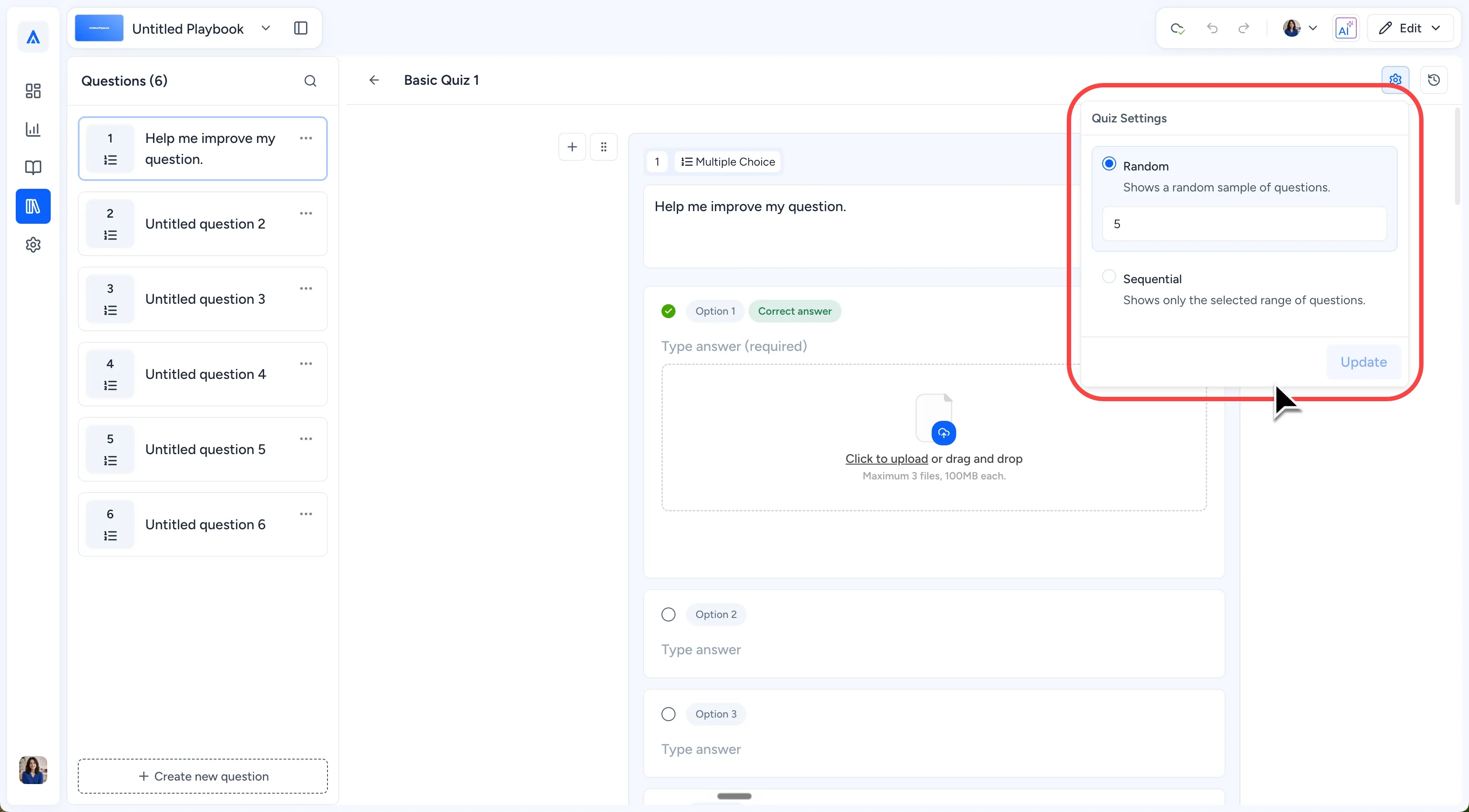 Quiz Settings with Random and Sequential question delivery options