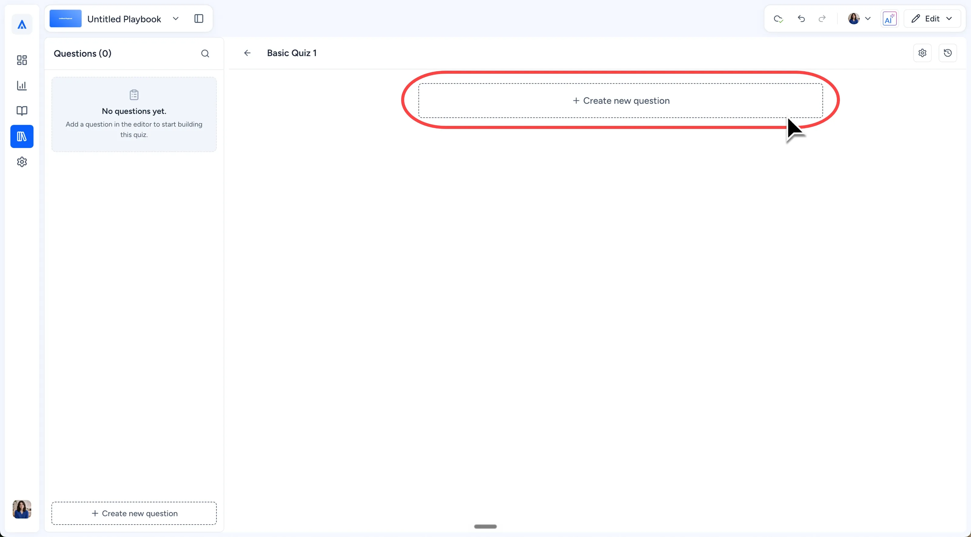 Blank quiz with + Create New Question box