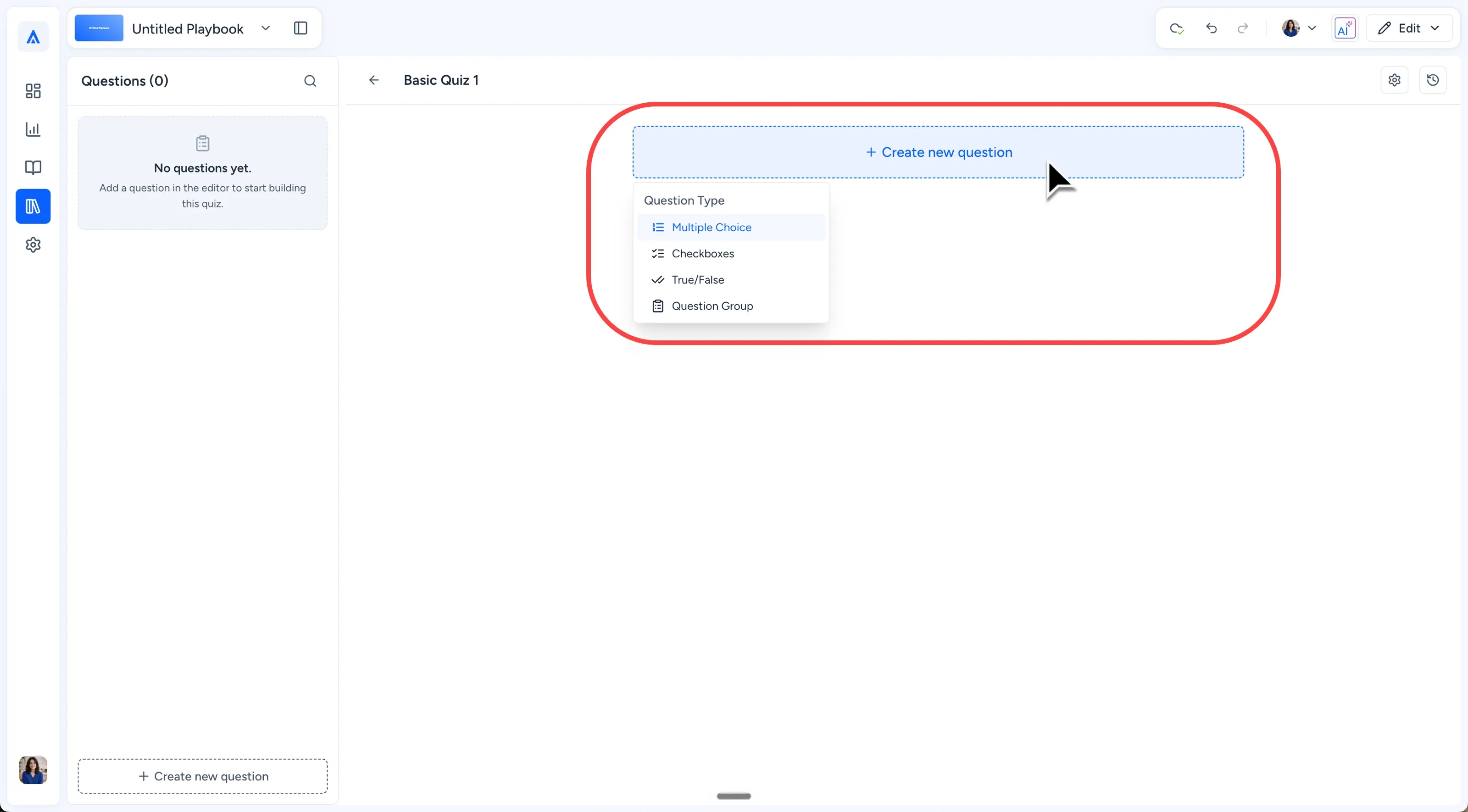 Question Type modal with Multiple Choice, Check Boxes, True/False, and Question Group