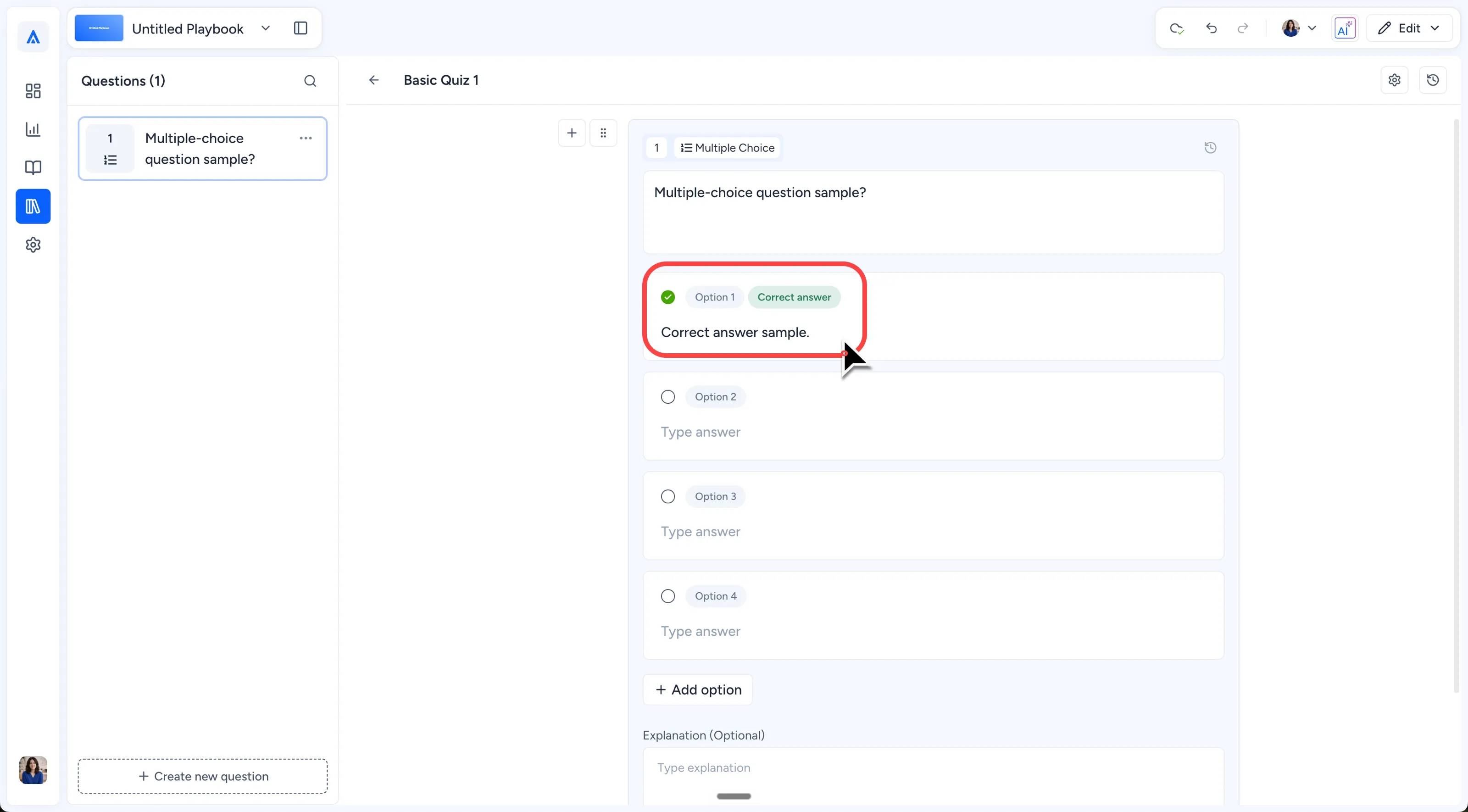 Multiple Choice question with selected correct answer and add-option control