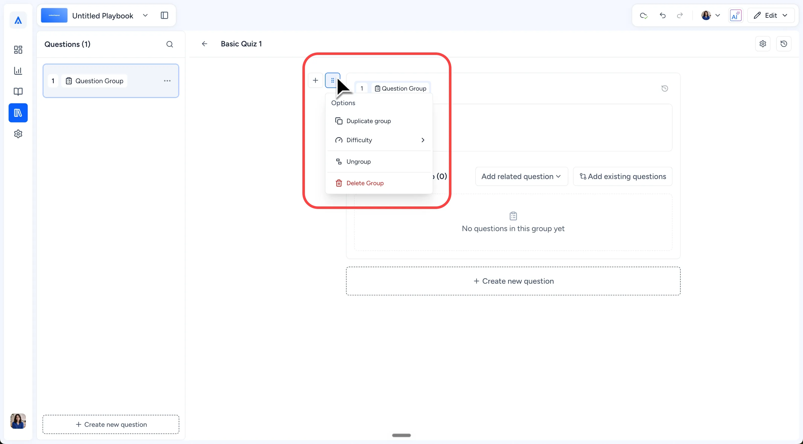 Question Group with embedded questions and group management menu