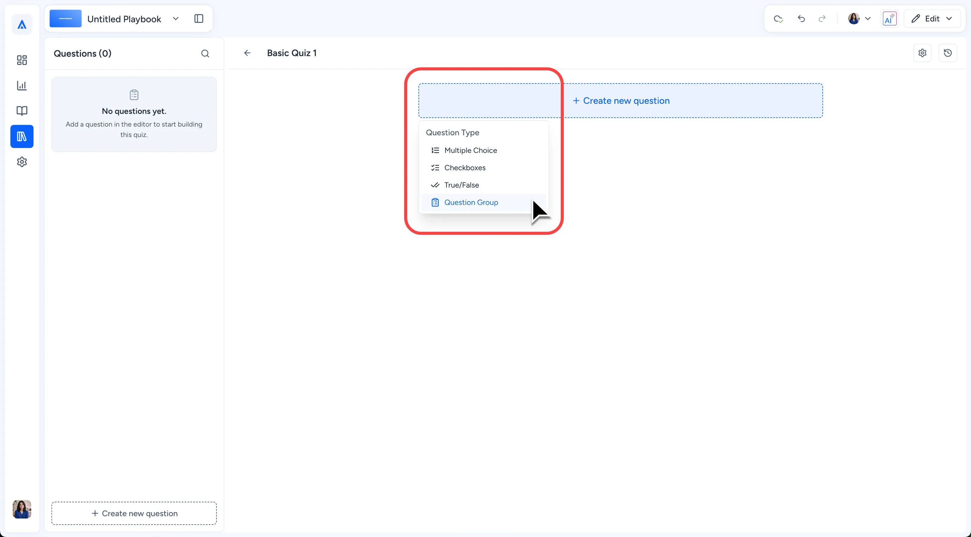 Quiz question type dropdown with Question Group selected