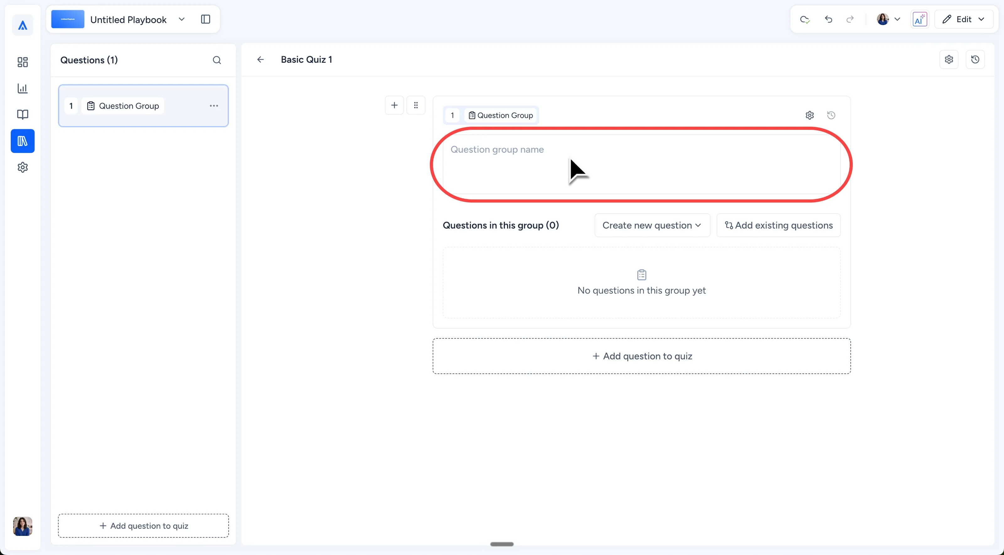 New Question Group with the group name field and question controls