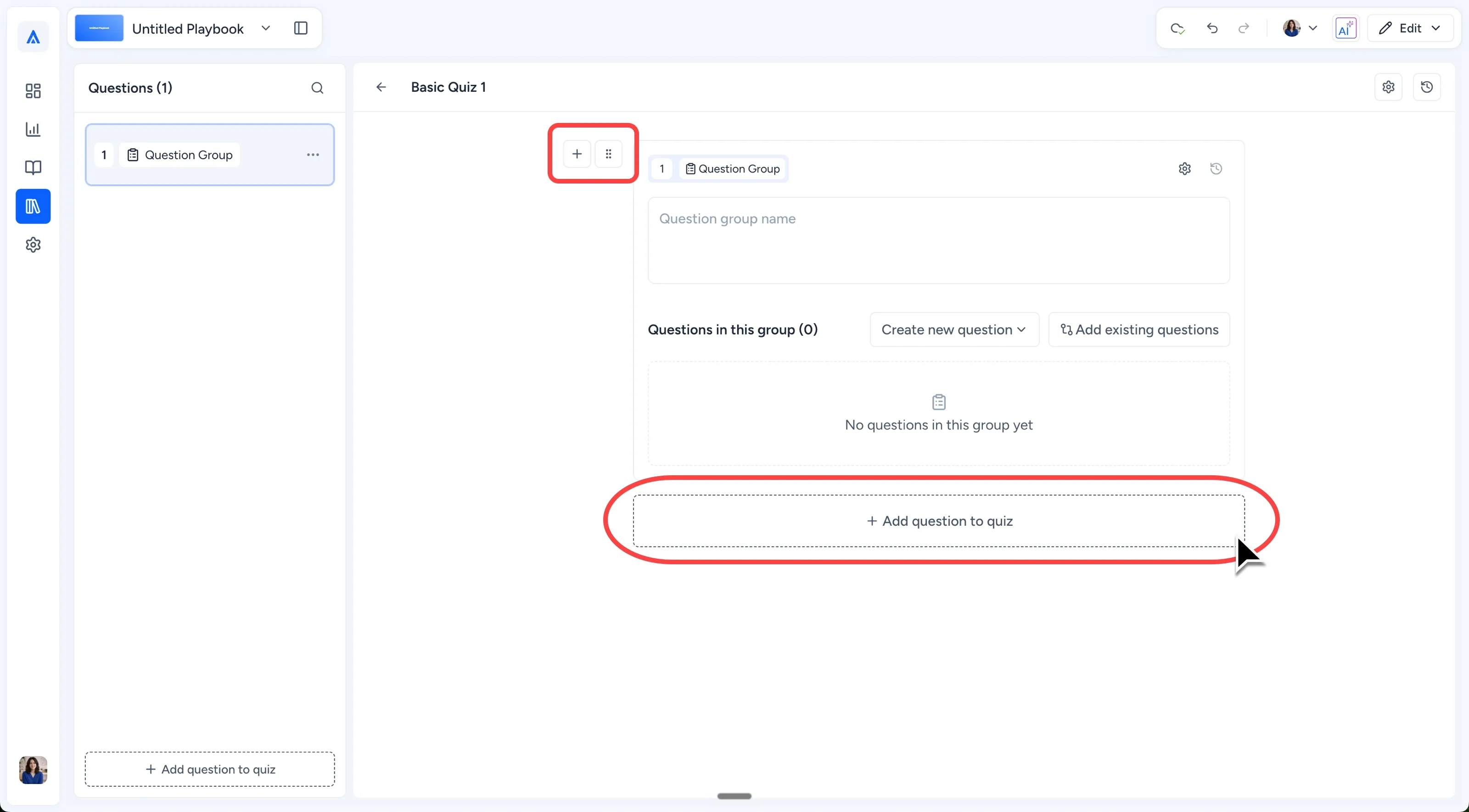 Question Group with Quiz-level plus sign and group options menu